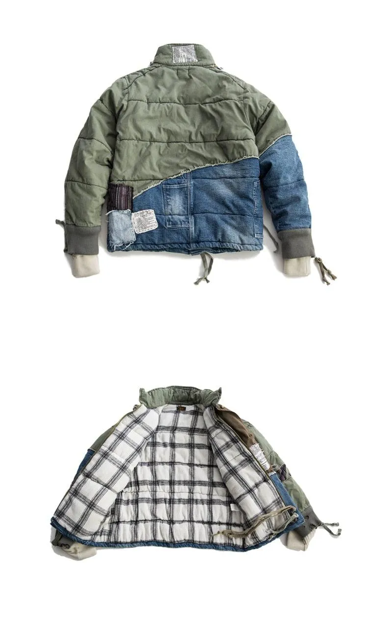 Men Patchwork Army Contrast Denim Jacket