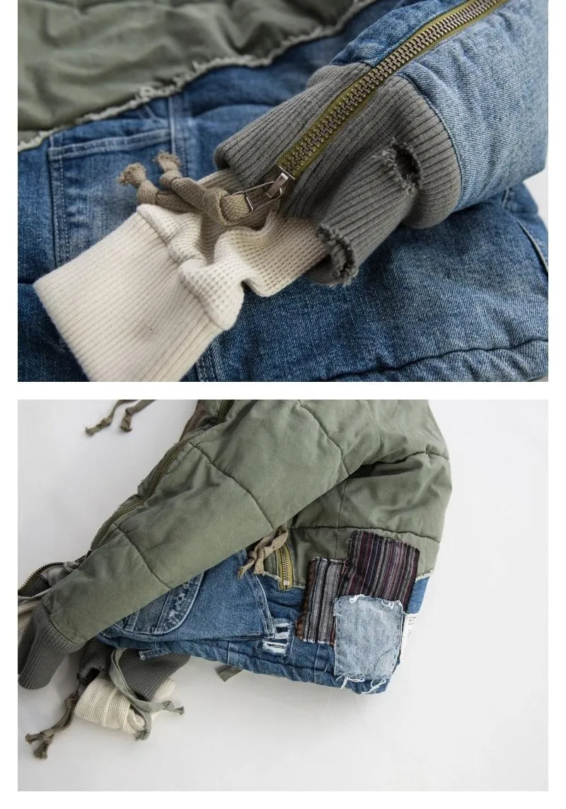 Men Patchwork Army Contrast Denim Jacket