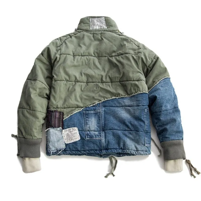 Men Patchwork Army Contrast Denim Jacket