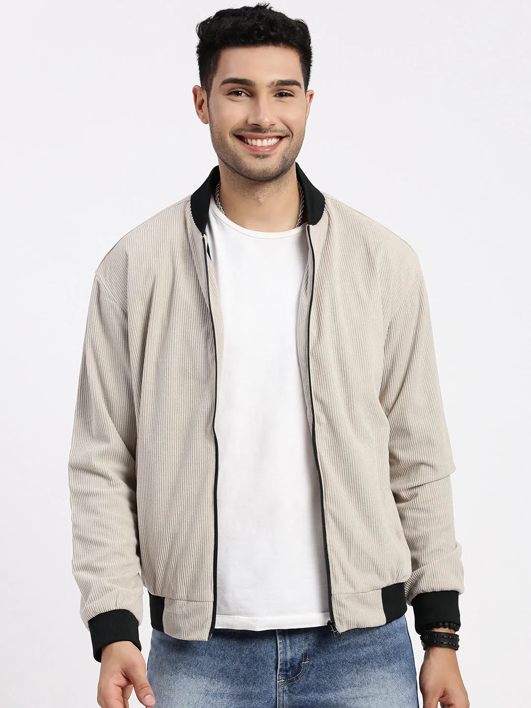 Men Solid Beige Bomber Jacket