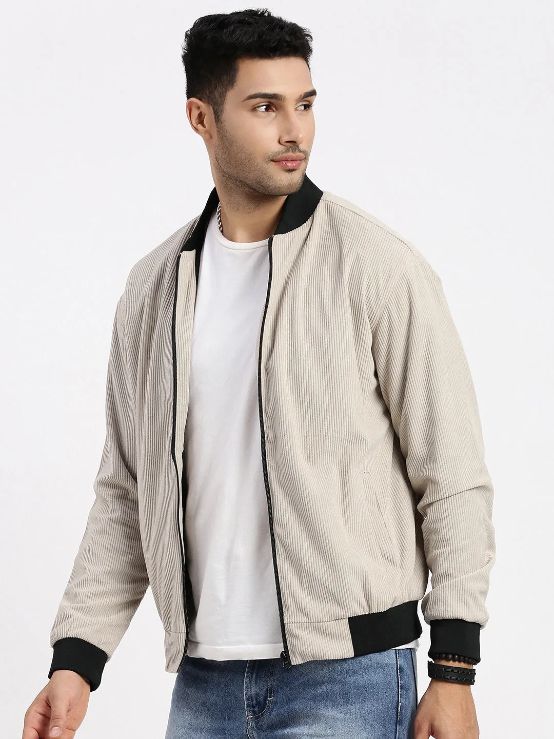 Men Solid Beige Bomber Jacket