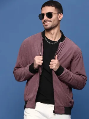 Men Solid Mauve Bomber Jacket