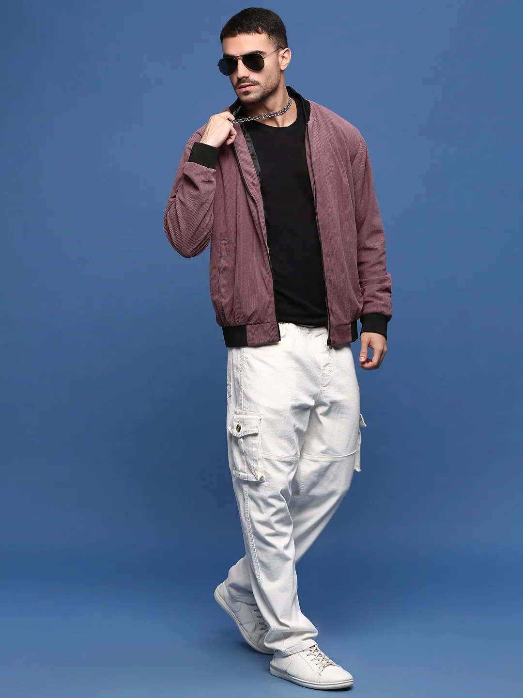 Men Solid Mauve Bomber Jacket