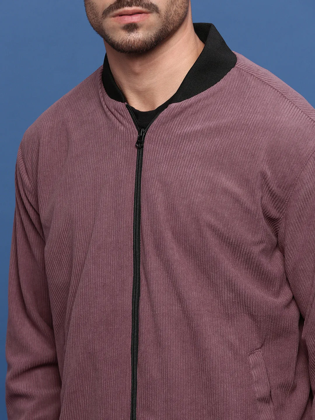 Men Solid Mauve Bomber Jacket