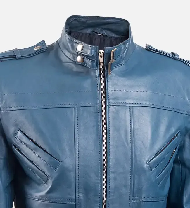 Men’s Band Collar Blue Bomber Leather Jacket