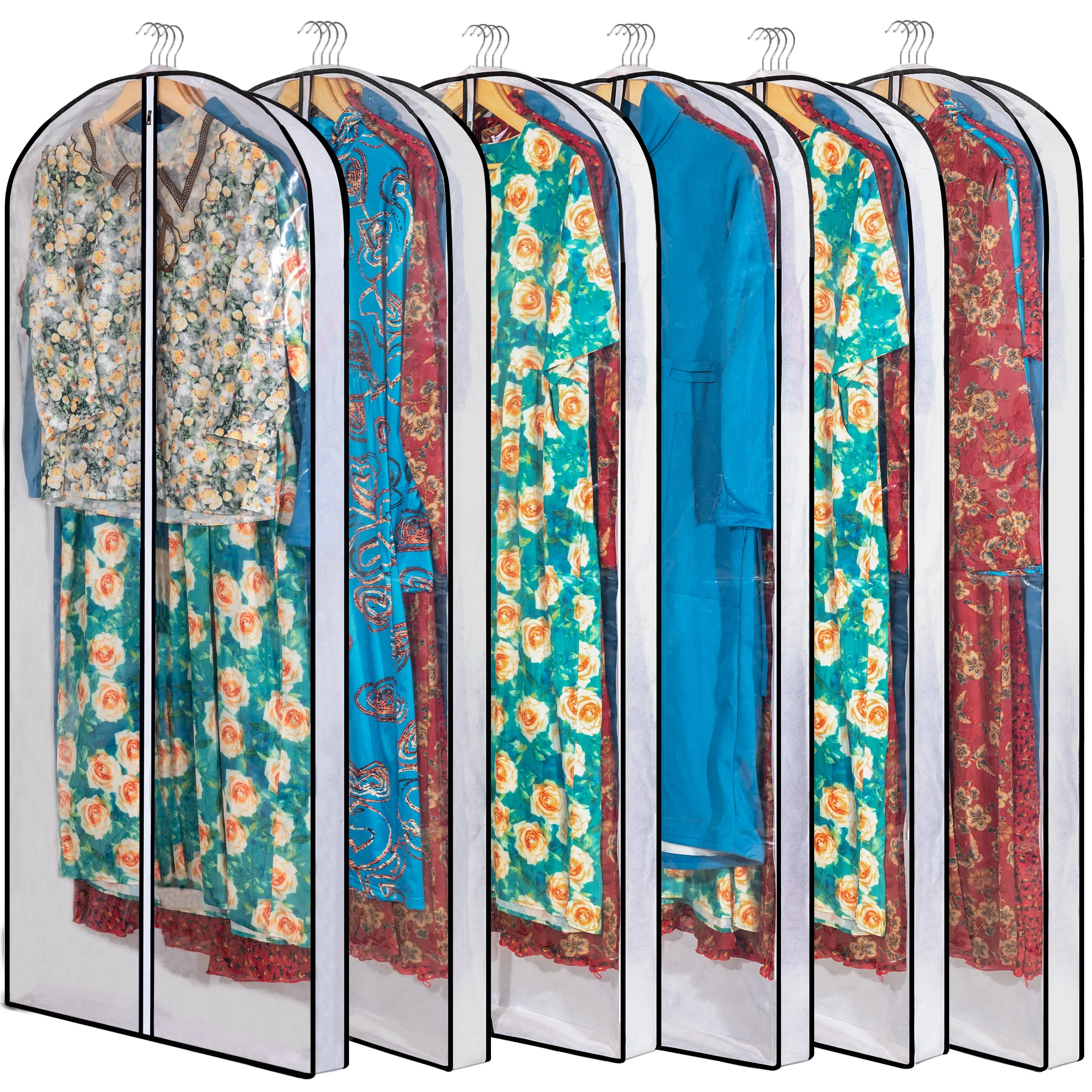 Mskitchen Hanging Clothes Bag with 4" Gusseted Garment Bag (Set of 6) for Storage Suit Bag for Closet Clear Garment Bags Dress Covers Garment Bags for Long Coat, Gown, Dresses - 24"x 60"x 4"/ 6 Pack