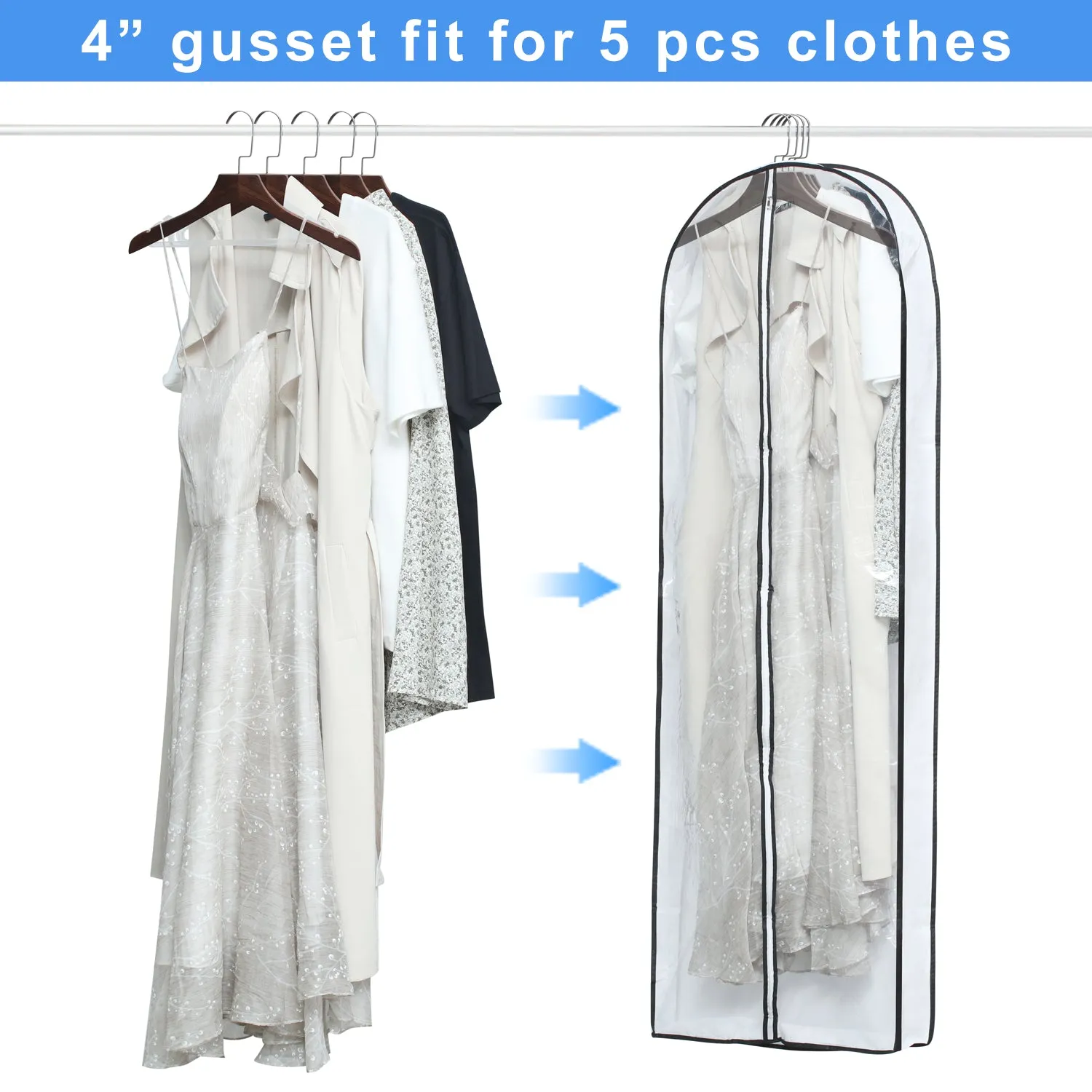 Mskitchen Hanging Clothes Bag with 4" Gusseted Garment Bag (Set of 6) for Storage Suit Bag for Closet Clear Garment Bags Dress Covers Garment Bags for Long Coat, Gown, Dresses - 24"x 60"x 4"/ 6 Pack