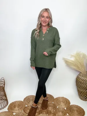 Olive Green 4-Button Henley Neckline Basic Sweater