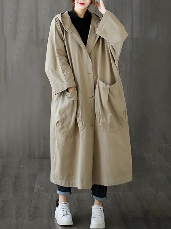 Original Solid Hooded Trench Coats Dress