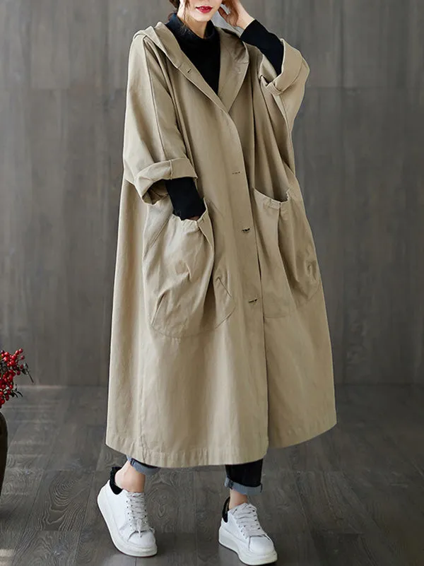 Original Solid Hooded Trench Coats Dress