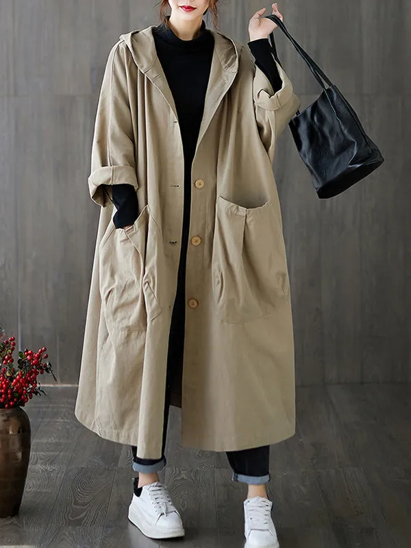 Original Solid Hooded Trench Coats Dress