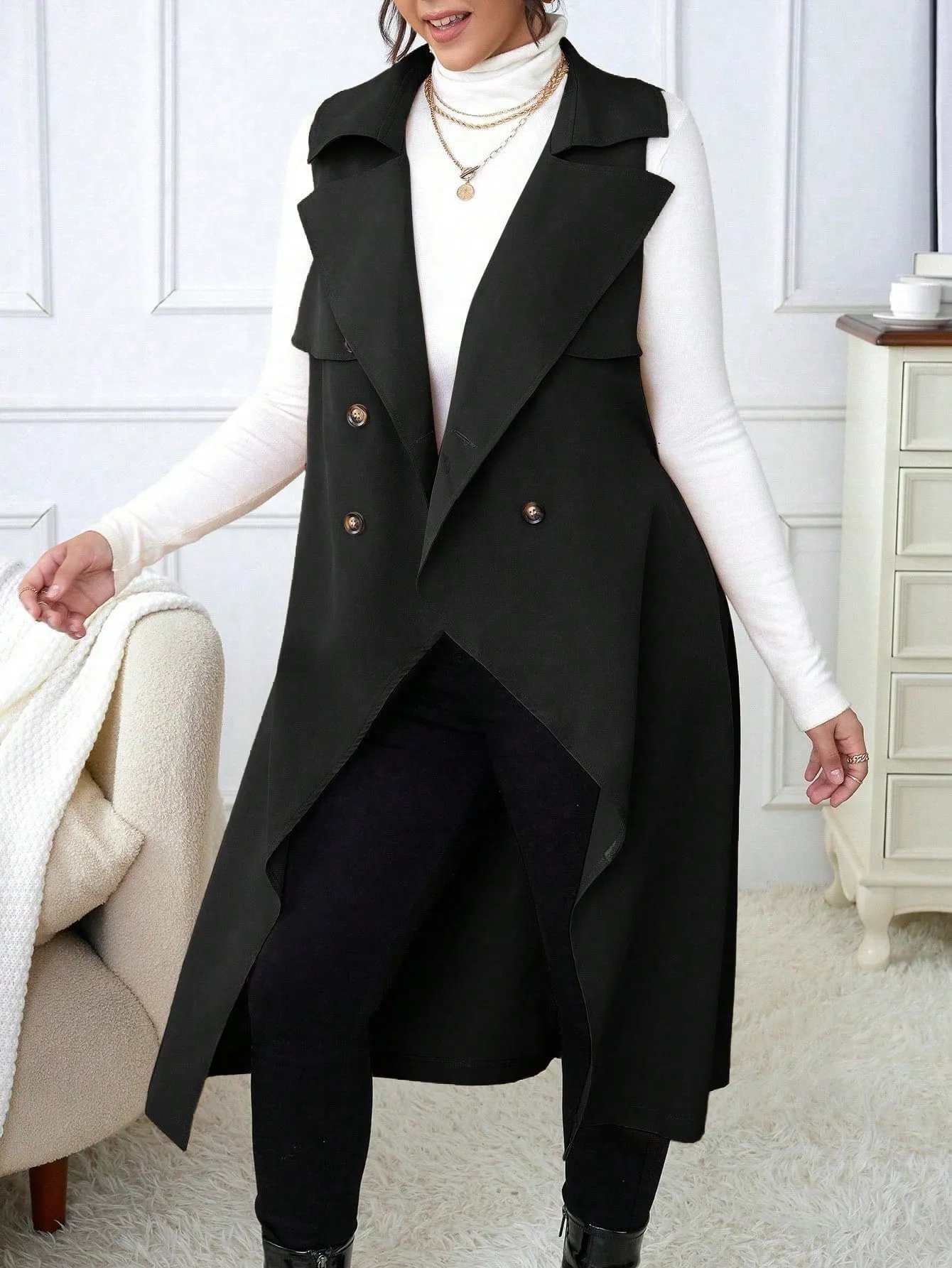 Plus Size Suit Collar Belted Vest Trench Coat