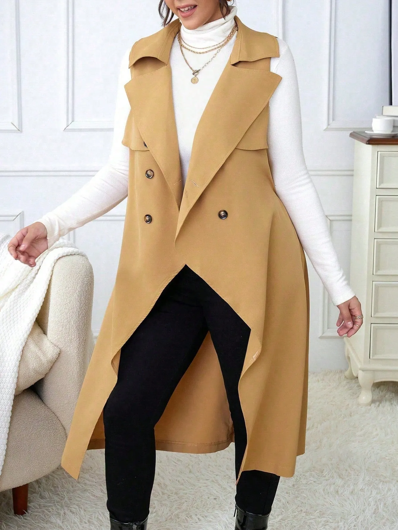 Plus Size Suit Collar Belted Vest Trench Coat