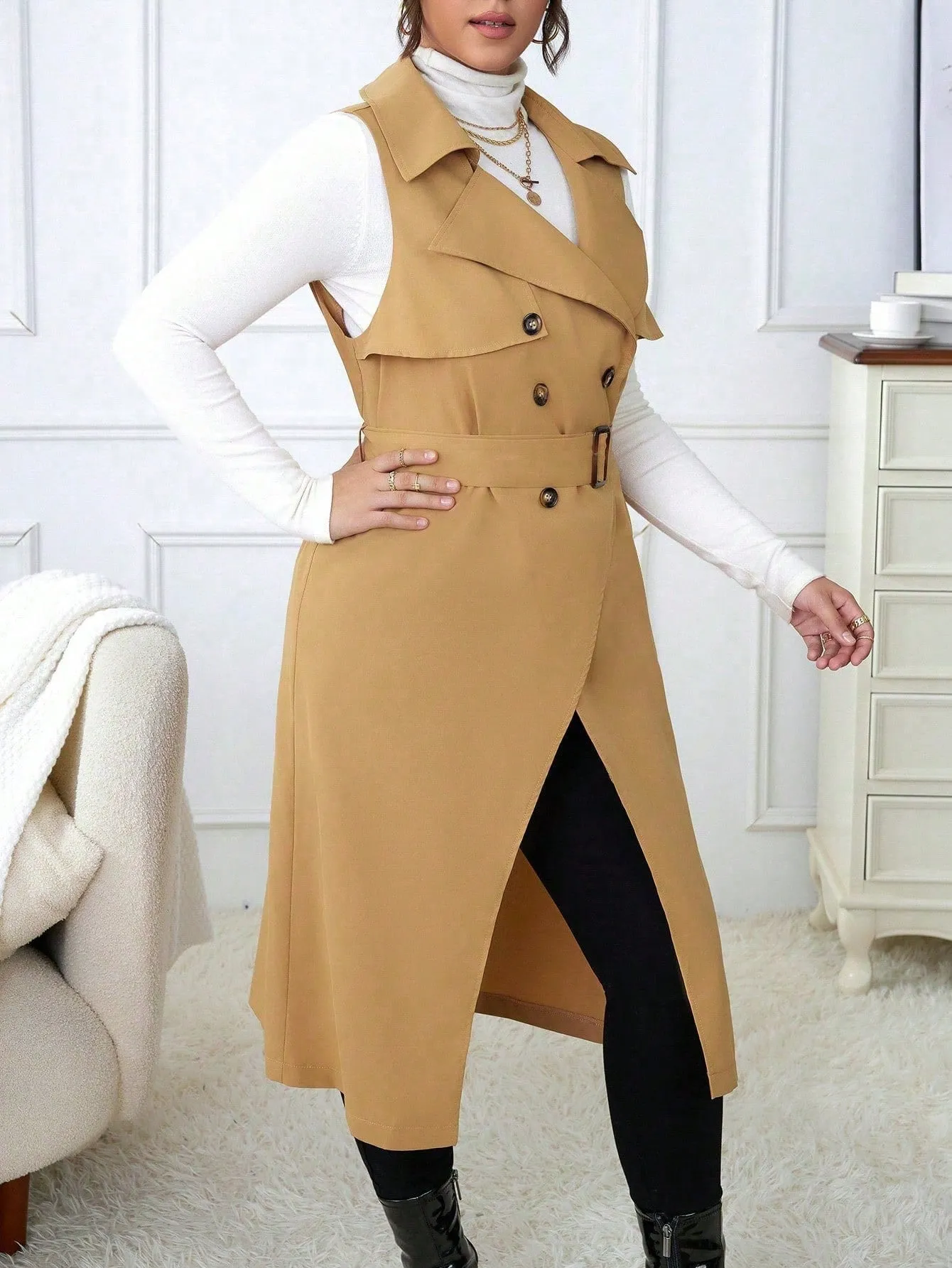 Plus Size Suit Collar Belted Vest Trench Coat