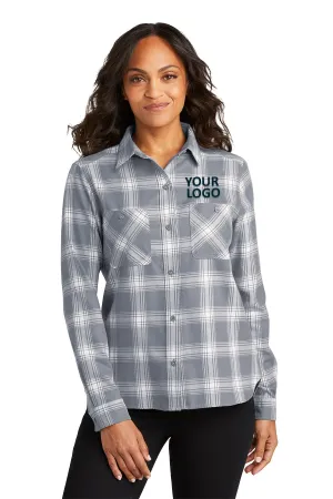 Port Authority Ladies Customized Plaid Flannel Shirts, Grey/ Cream Open Plaid