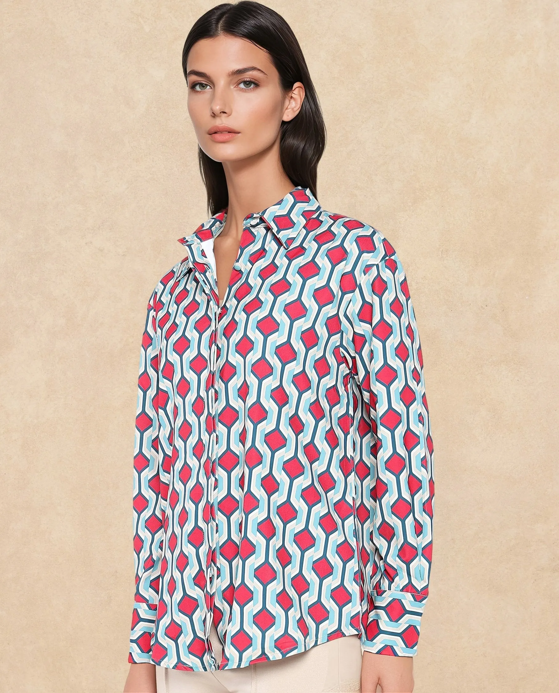 Rareism Women Tonyhale Multi Satin Cuffed Sleeves Collared Neck Button Closure Geometric Print Top