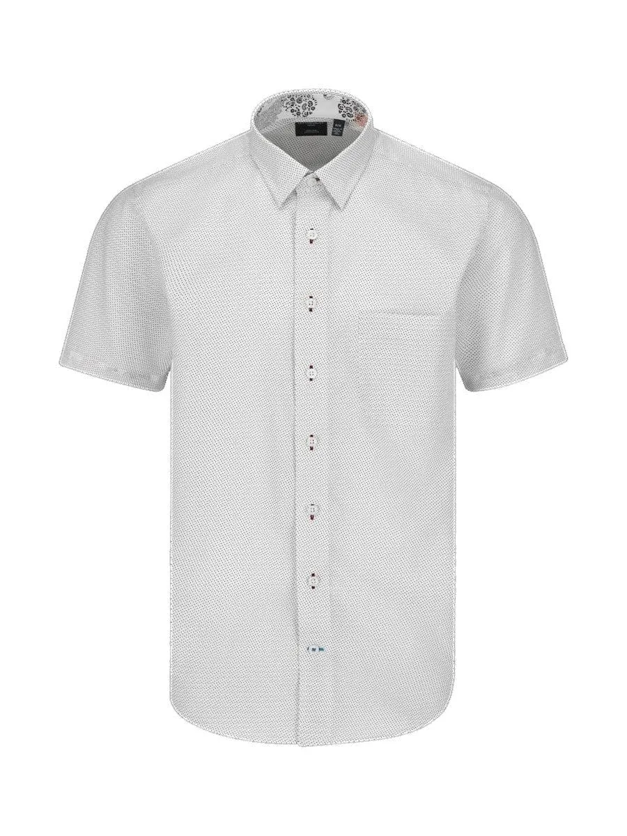 Red & Grey Print on White Hidden Down Collar 100% Cotton Short Sleeve Shirts