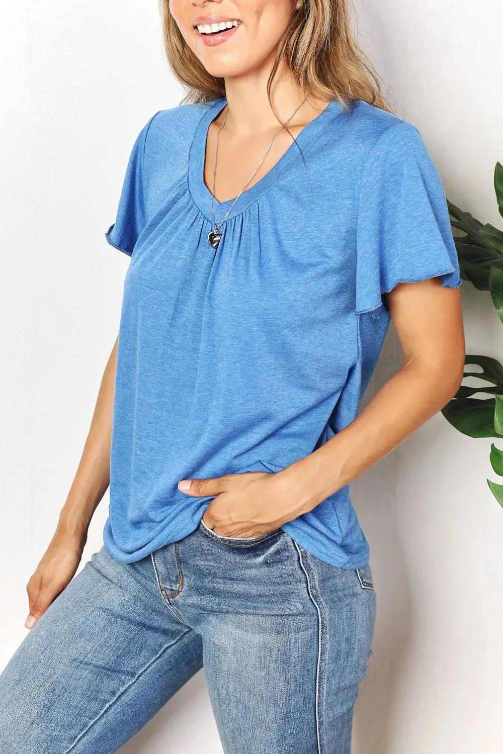 Ruched V-Neck Short Sleeve T-Shirt