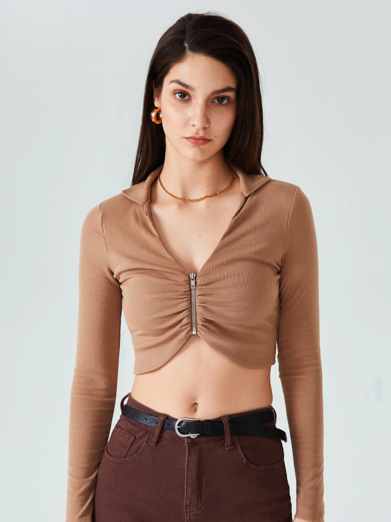 Ruched Zipper Collar Neck Crop Top