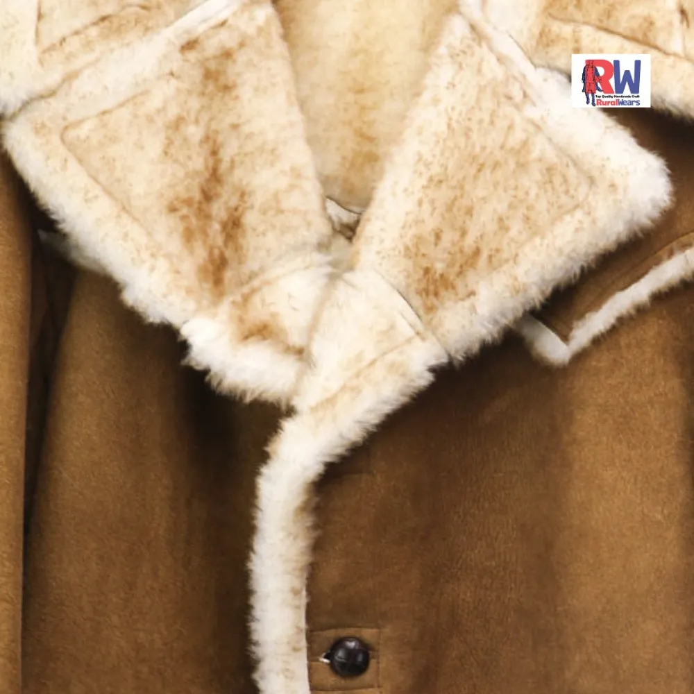 RW Authentic Sheepskin Men's RAF Brown Vintage Shearling Flight Pilot Flying Fur Coat