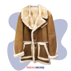 RW Authentic Sheepskin Men's RAF Brown Vintage Shearling Flight Pilot Flying Fur Coat