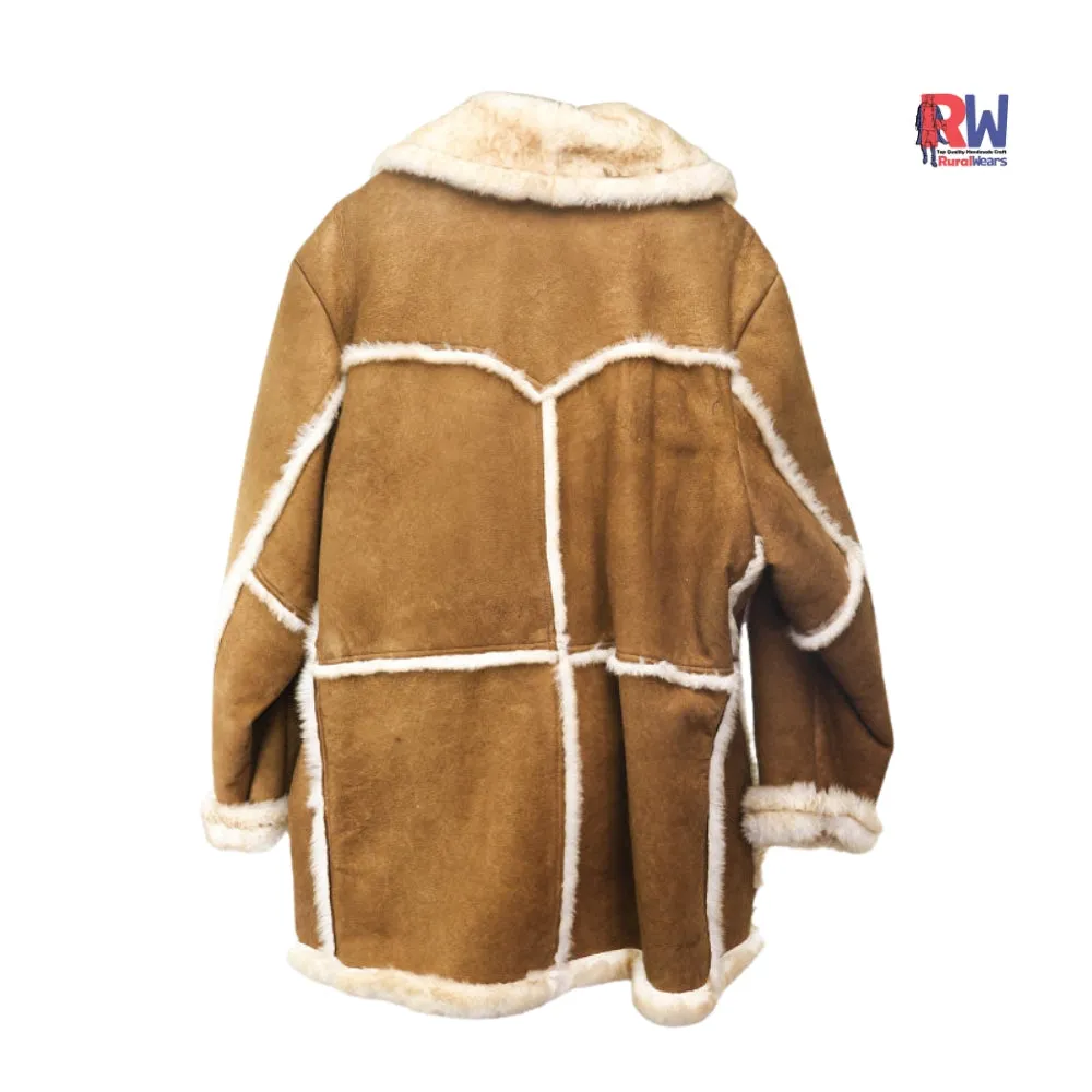 RW Authentic Sheepskin Men's RAF Brown Vintage Shearling Flight Pilot Flying Fur Coat