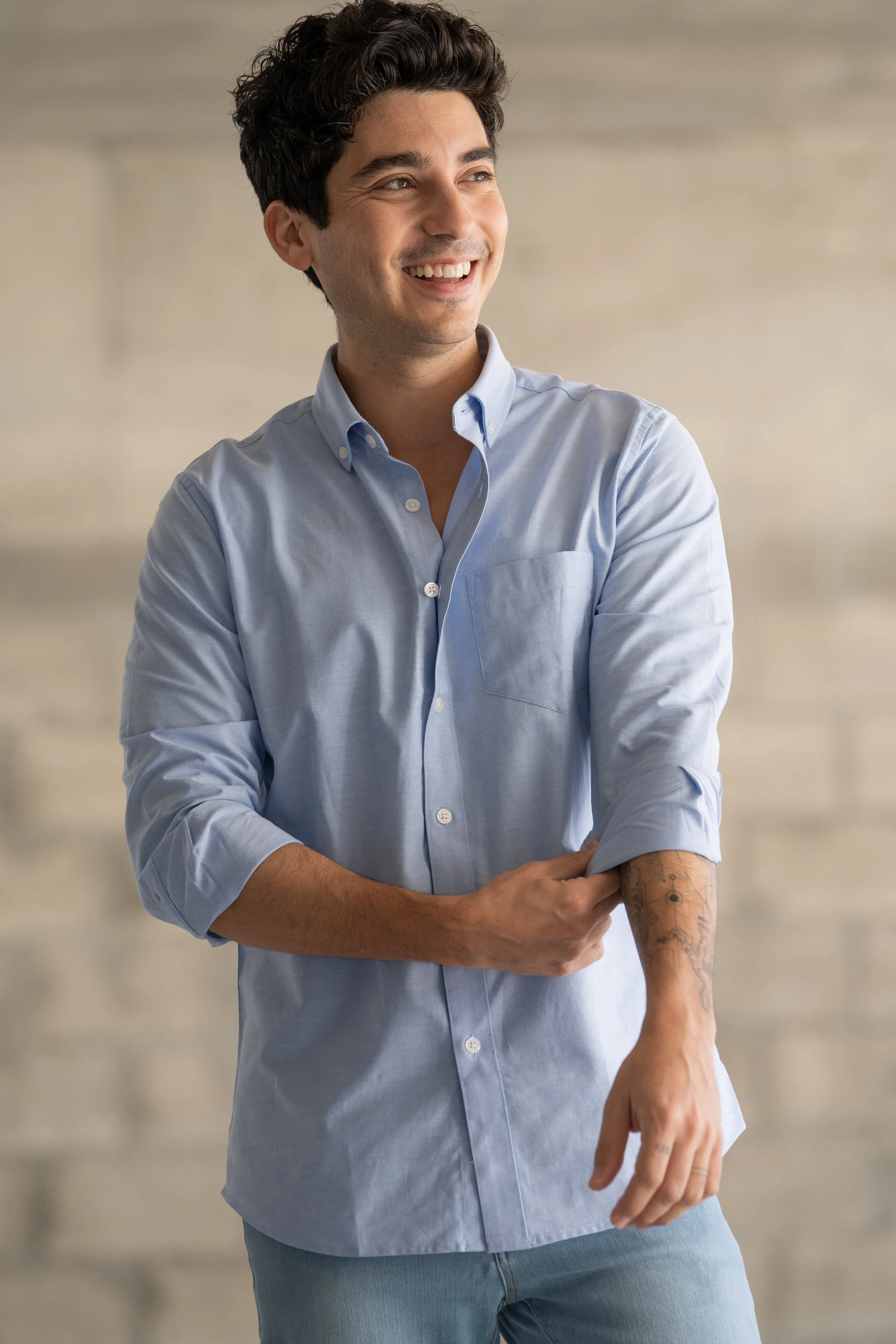 Stretch Oxford Button Down Shirt Light Blue