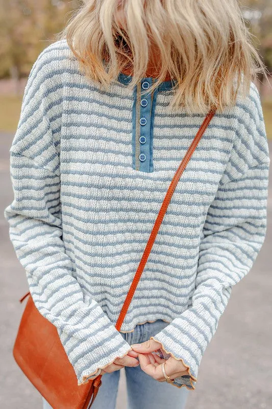 Stripe Textured Long Sleeve Henley Top