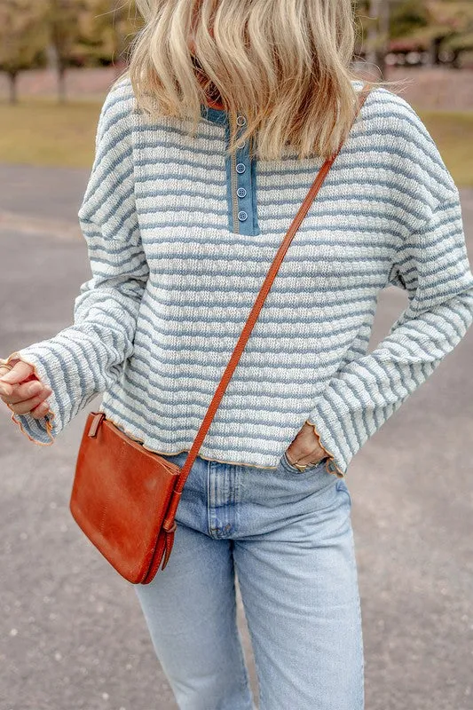 Stripe Textured Long Sleeve Henley Top