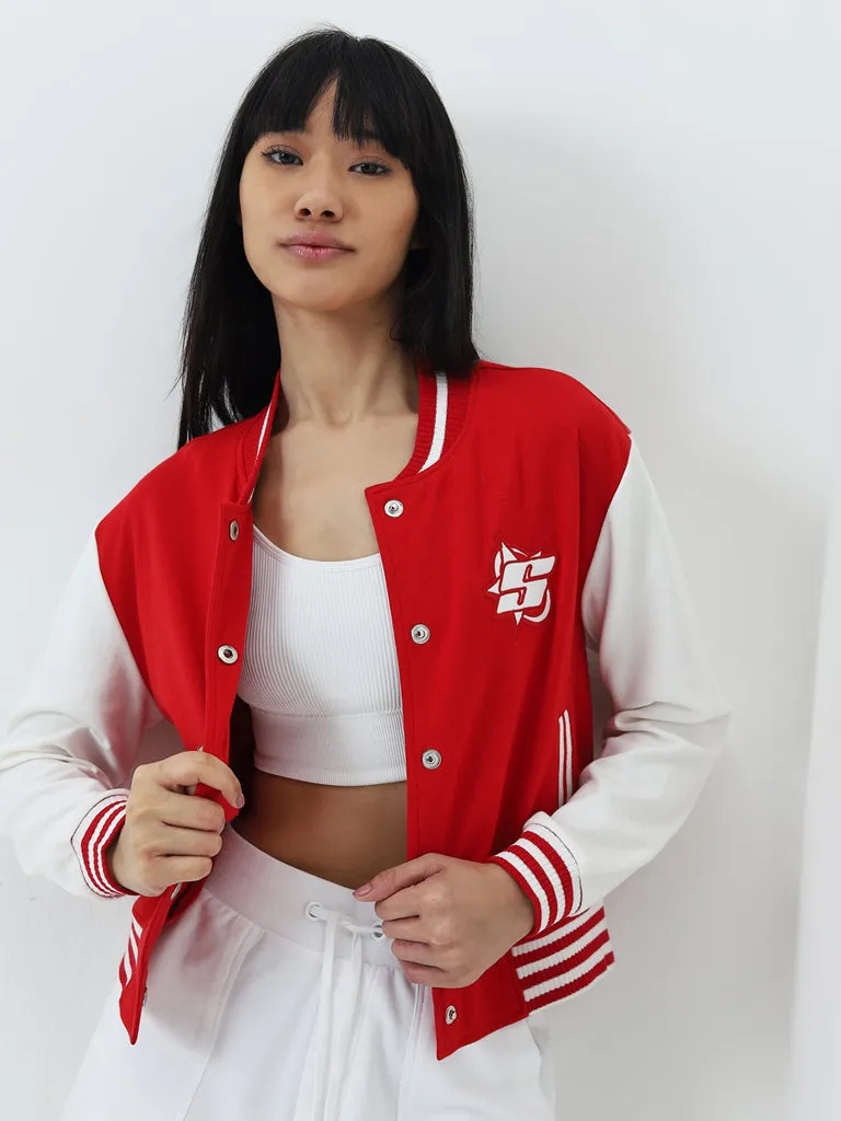 Studiofit Red Embroidered Varsity Cotton Blend Jacket