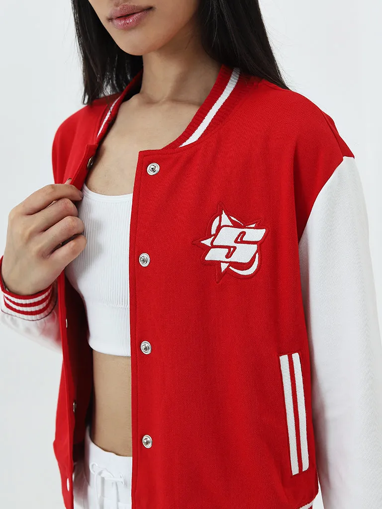 Studiofit Red Embroidered Varsity Cotton Blend Jacket