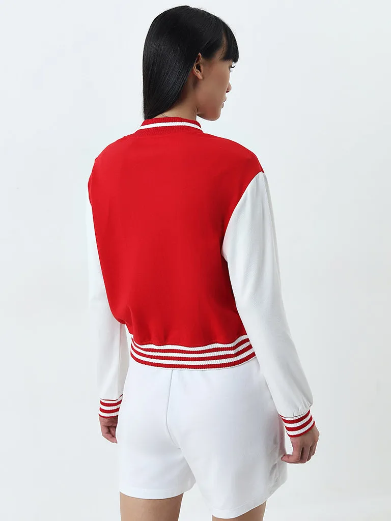 Studiofit Red Embroidered Varsity Cotton Blend Jacket