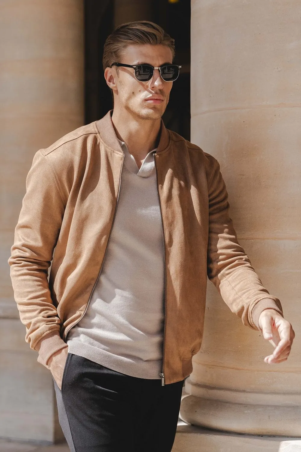 Suede Look Bomber Jacket in Chestnut