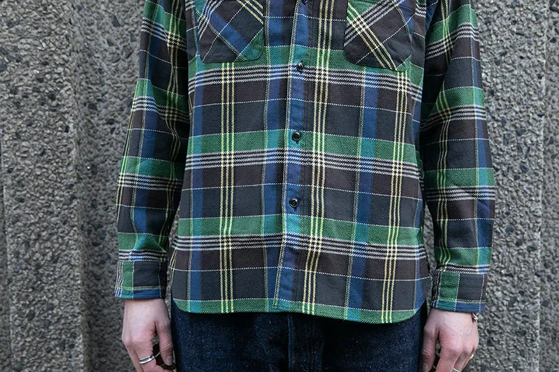 Sugar Cane L/S Twill Check Flannel Shirt - Green