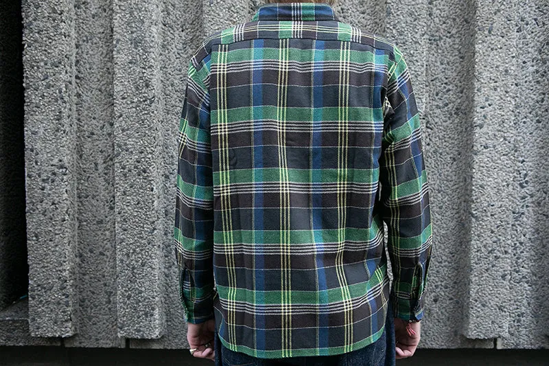 Sugar Cane L/S Twill Check Flannel Shirt - Green