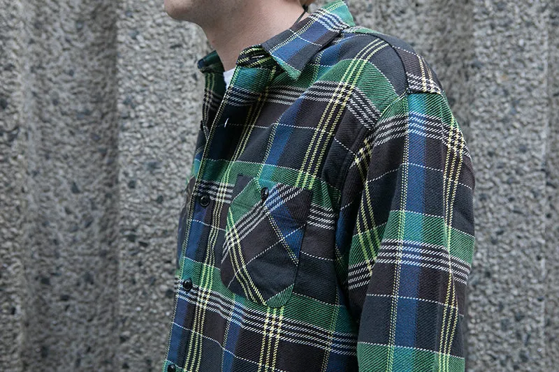 Sugar Cane L/S Twill Check Flannel Shirt - Green