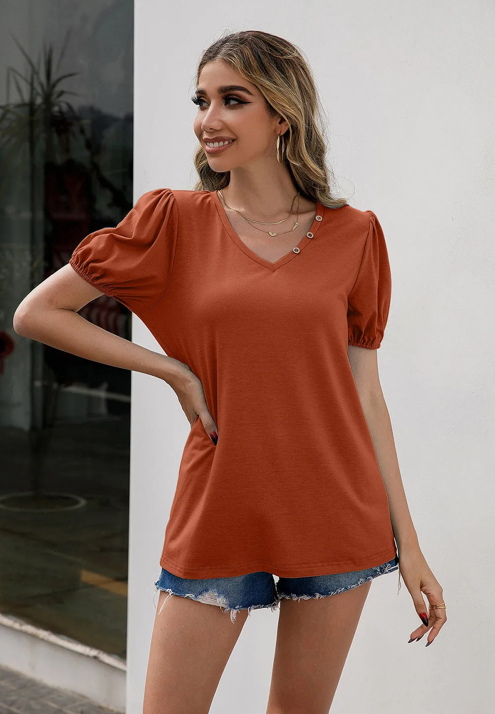 V-Neck Decorative Buttons Puff Sleeve Tee