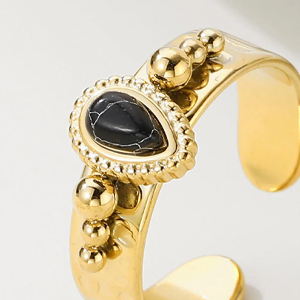 VAIGE Adjustable Black Natural Stone & Gold Stainless Steel Henley Ring