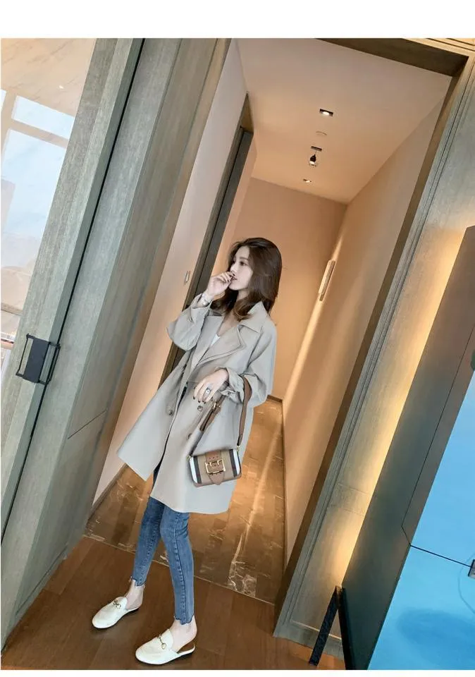 Wjczt 2022 Spring Autumn Women's Solid Long Coats Student Causal Turn-Down Collar Shirring Button Outerwear Lady Fashion Windbreaker