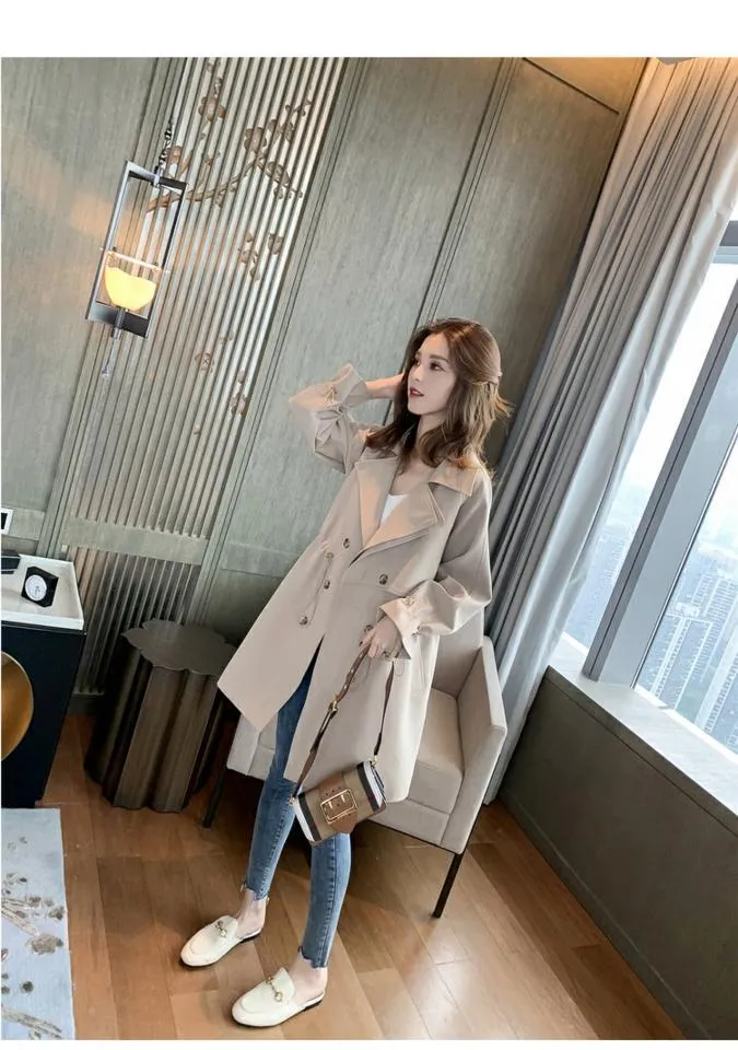 Wjczt 2022 Spring Autumn Women's Solid Long Coats Student Causal Turn-Down Collar Shirring Button Outerwear Lady Fashion Windbreaker