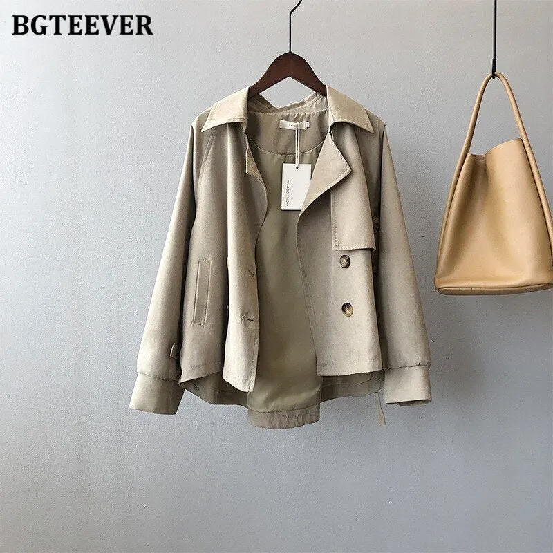 Wjczt Autumn Fashion Chic Ladies Double Breasted Windbreaker Jacket Vintage Full Sleeve Loose Female Short Trench Coats 2021