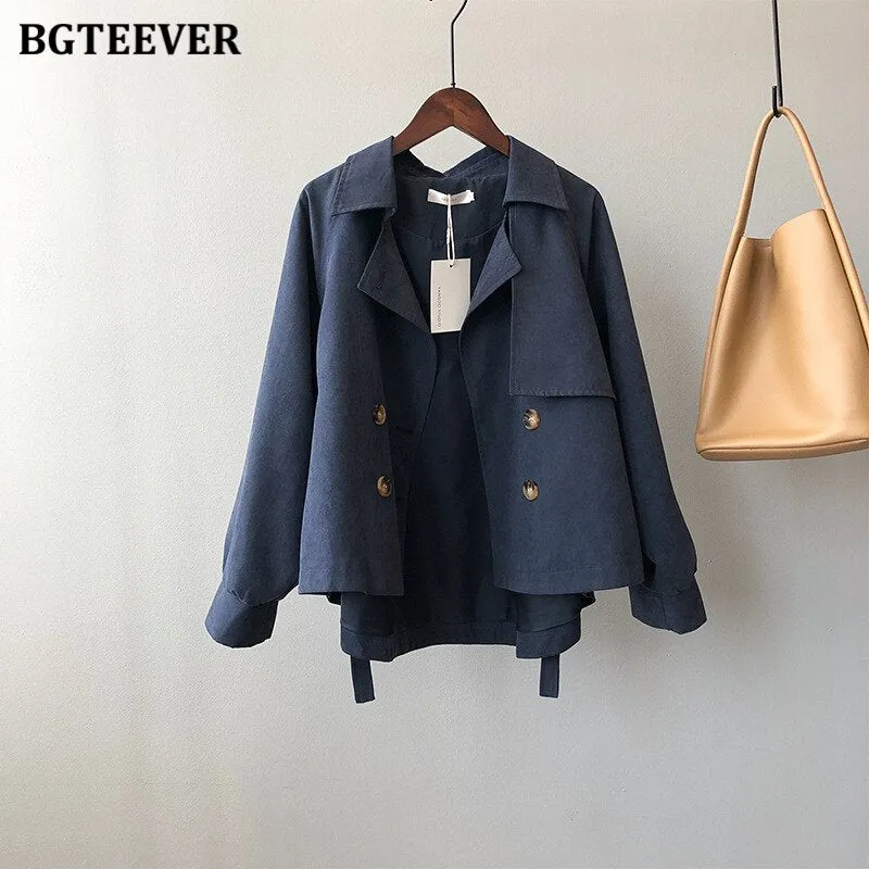 Wjczt Autumn Fashion Chic Ladies Double Breasted Windbreaker Jacket Vintage Full Sleeve Loose Female Short Trench Coats 2021