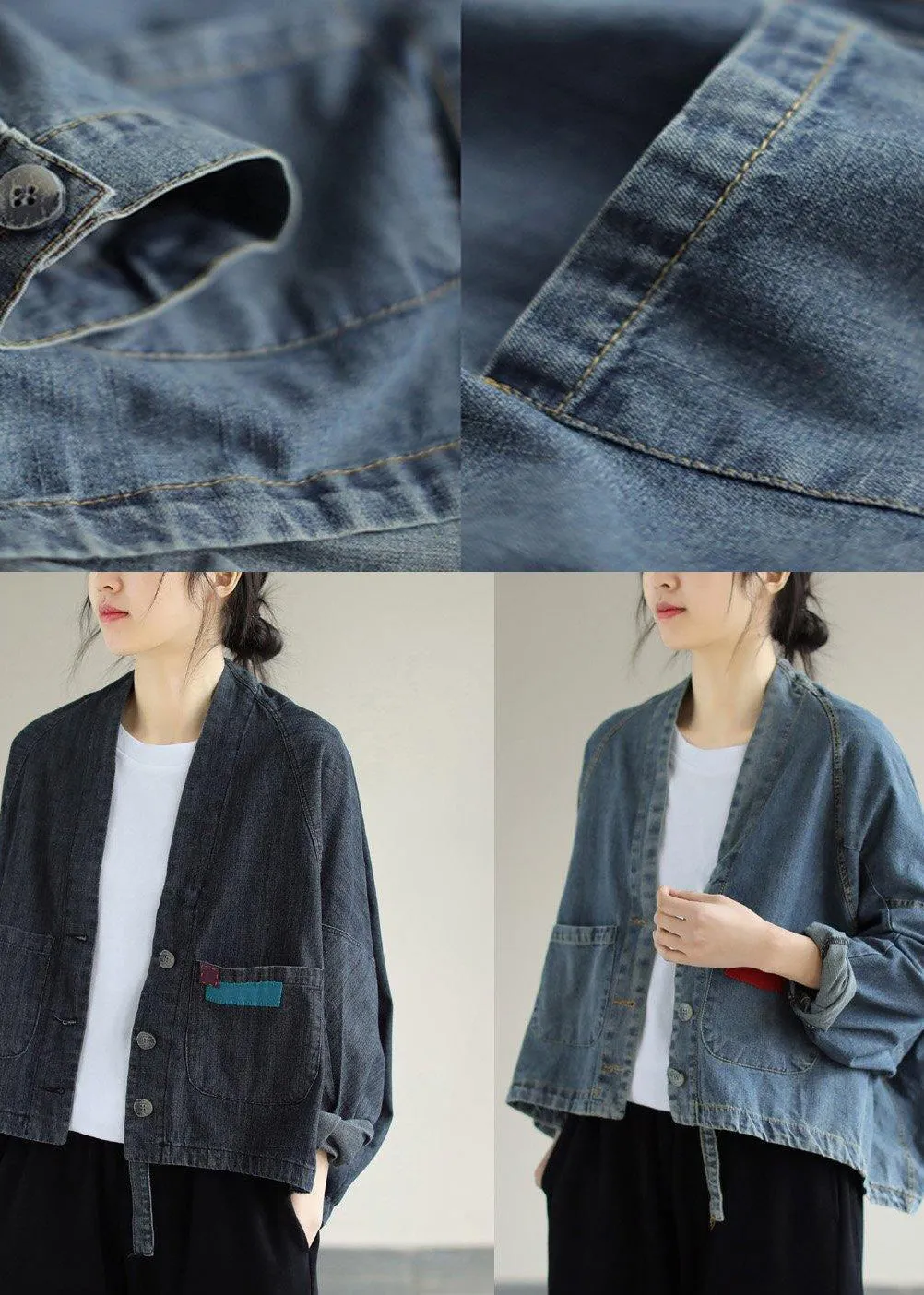 Women Denim Black Coats V Neck Button Down Spring Coats