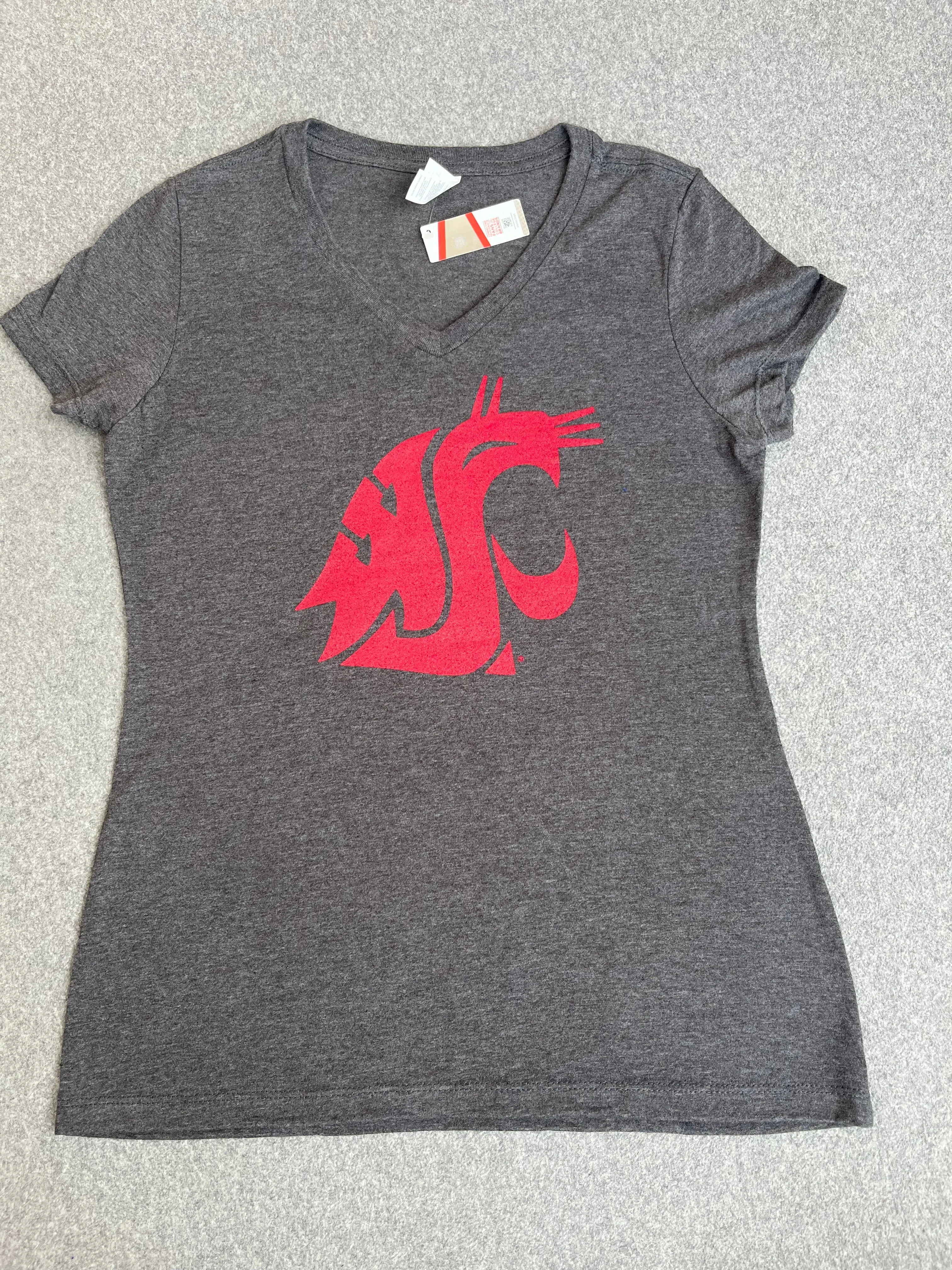 Womens screen printed dark Heathered  Grey WSU V-Neck T-Shirt