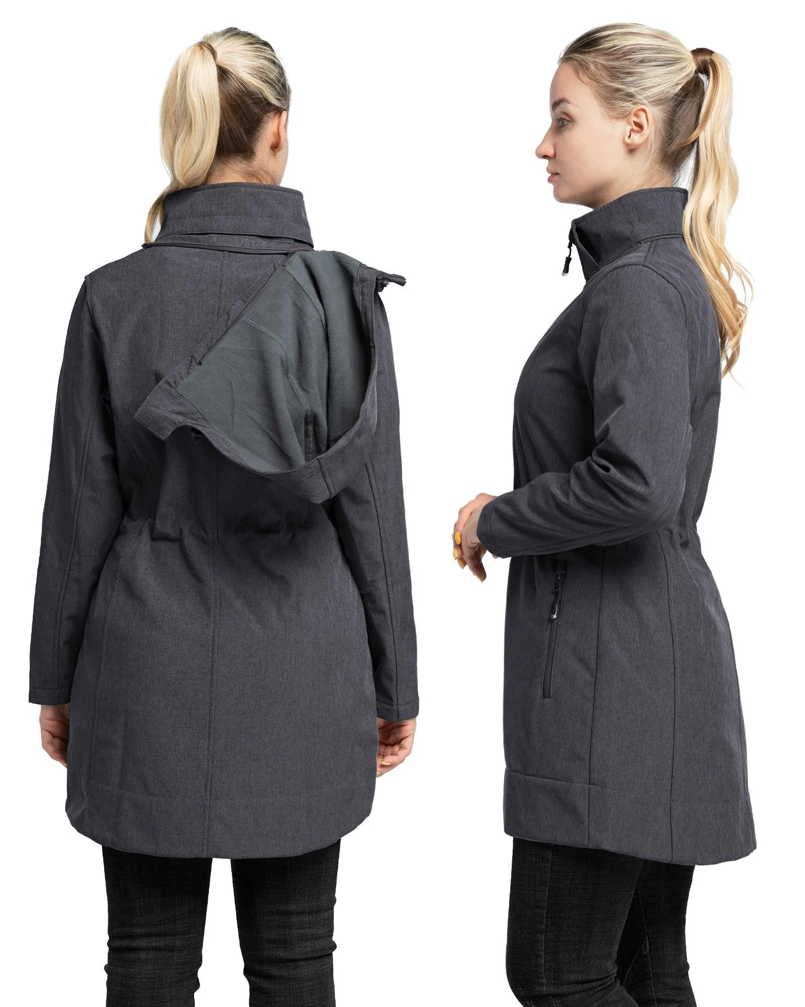 Women's Softshell Long Jacket with Detachable Hood Fleece Lined: 8000mm W/P index 1000 Level Breathable