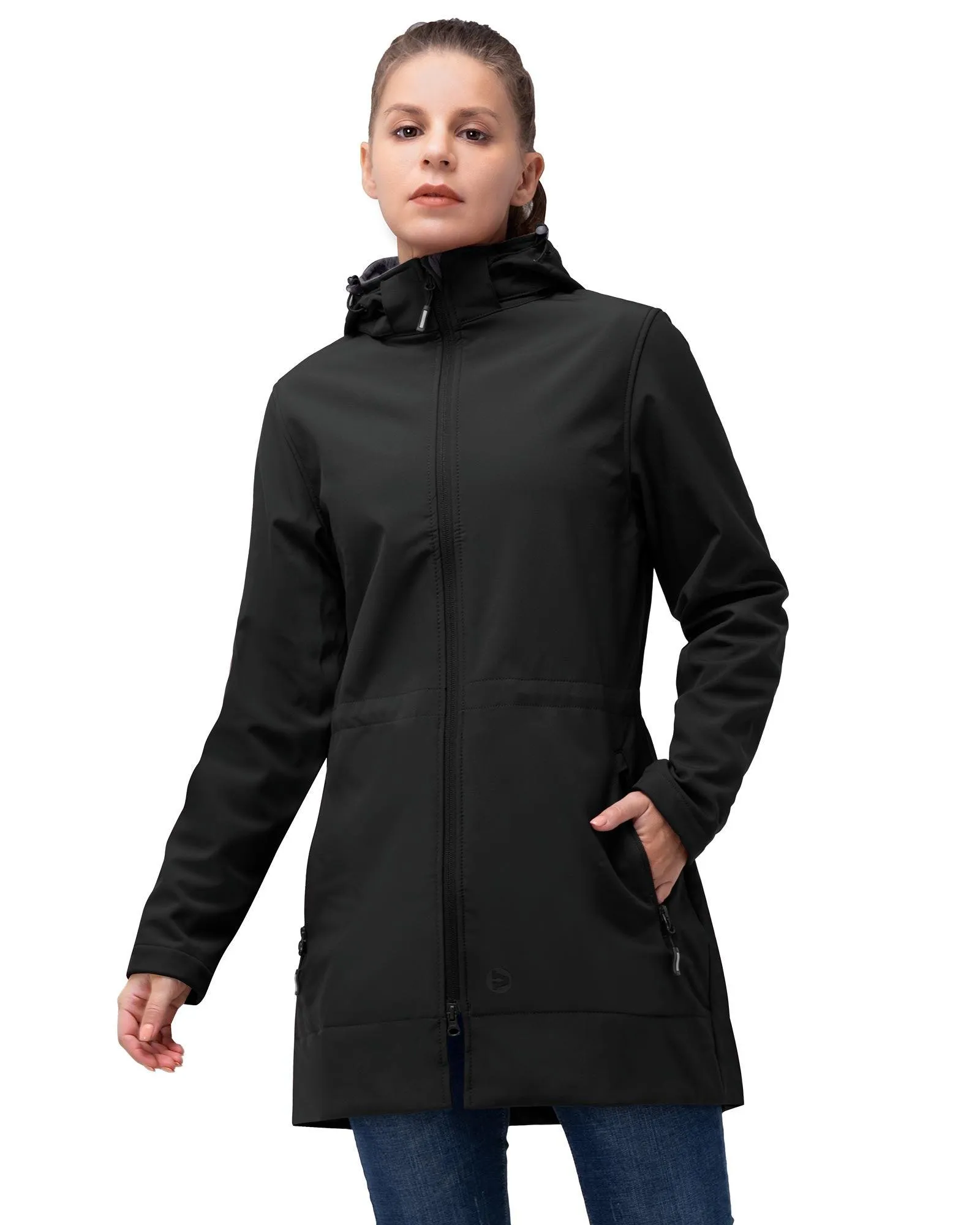 Women's Softshell Long Jacket with Detachable Hood Fleece Lined: 8000mm W/P index 1000 Level Breathable