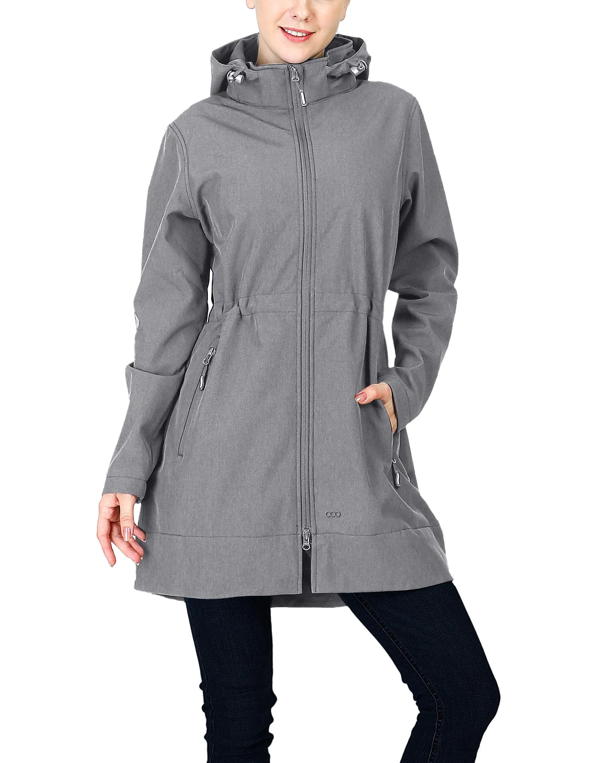 Women's Softshell Long Jacket with Detachable Hood Fleece Lined: 8000mm W/P index 1000 Level Breathable