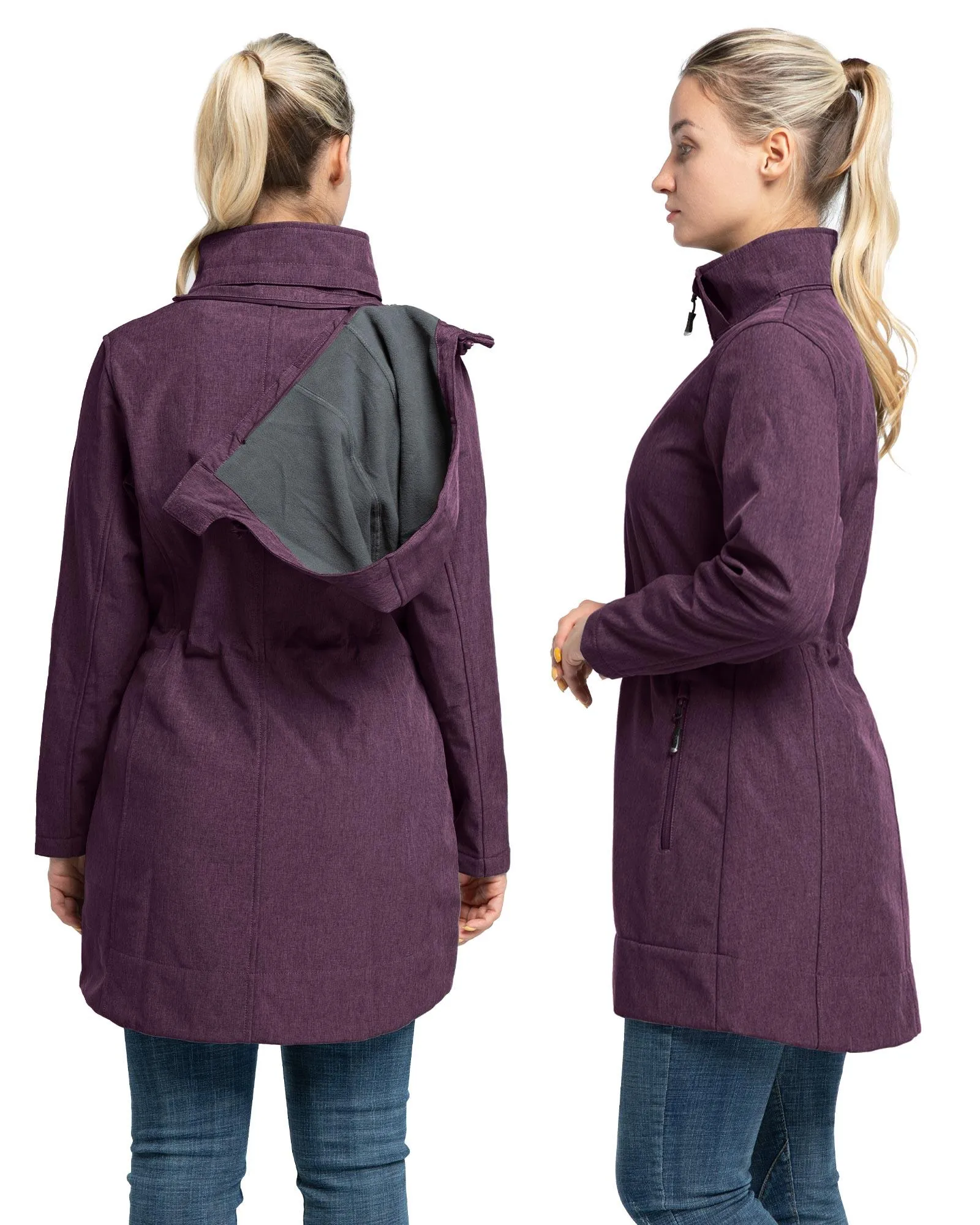 Women's Softshell Long Jacket with Detachable Hood Fleece Lined: 8000mm W/P index 1000 Level Breathable