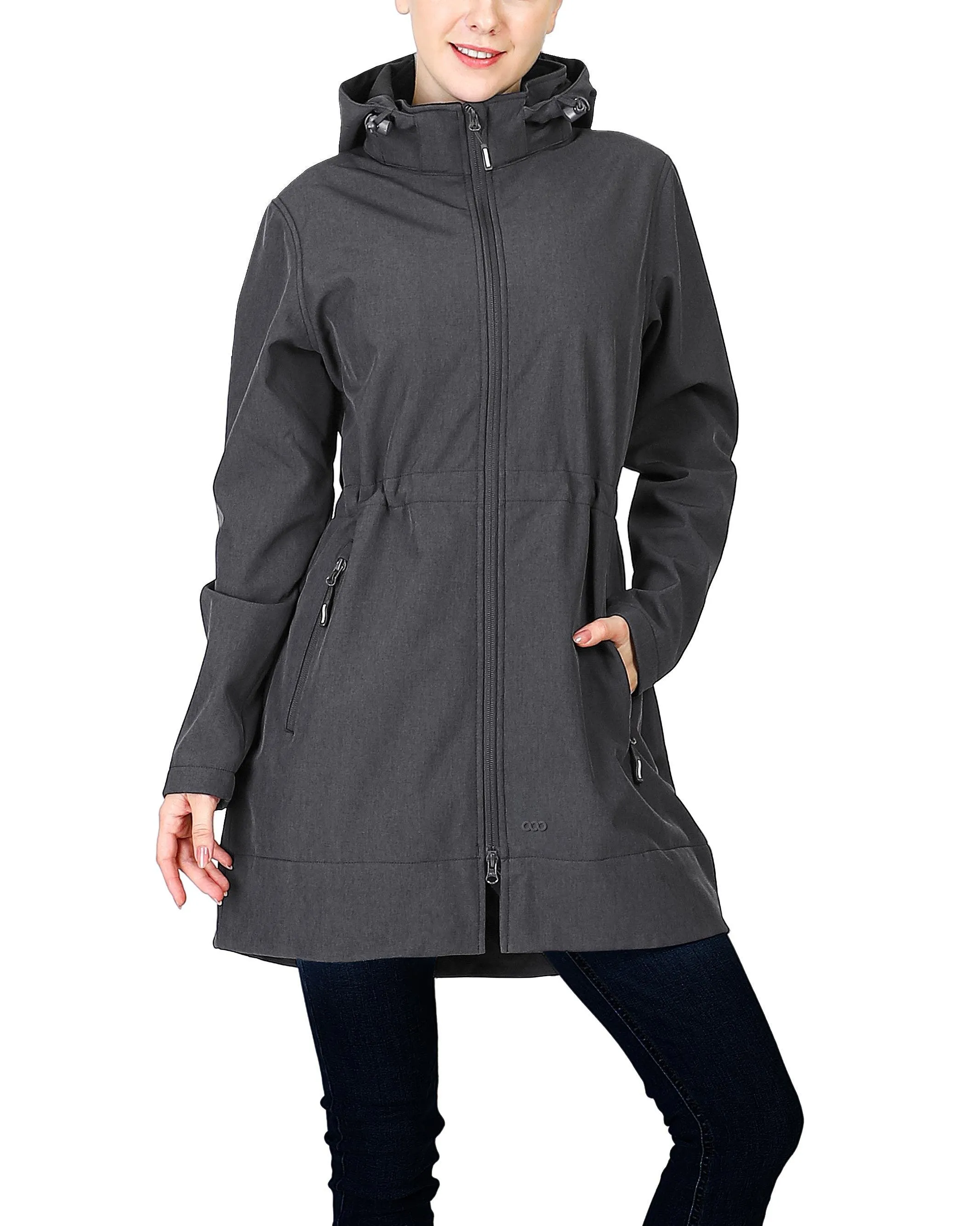 Women's Softshell Long Jacket with Detachable Hood Fleece Lined: 8000mm W/P index 1000 Level Breathable