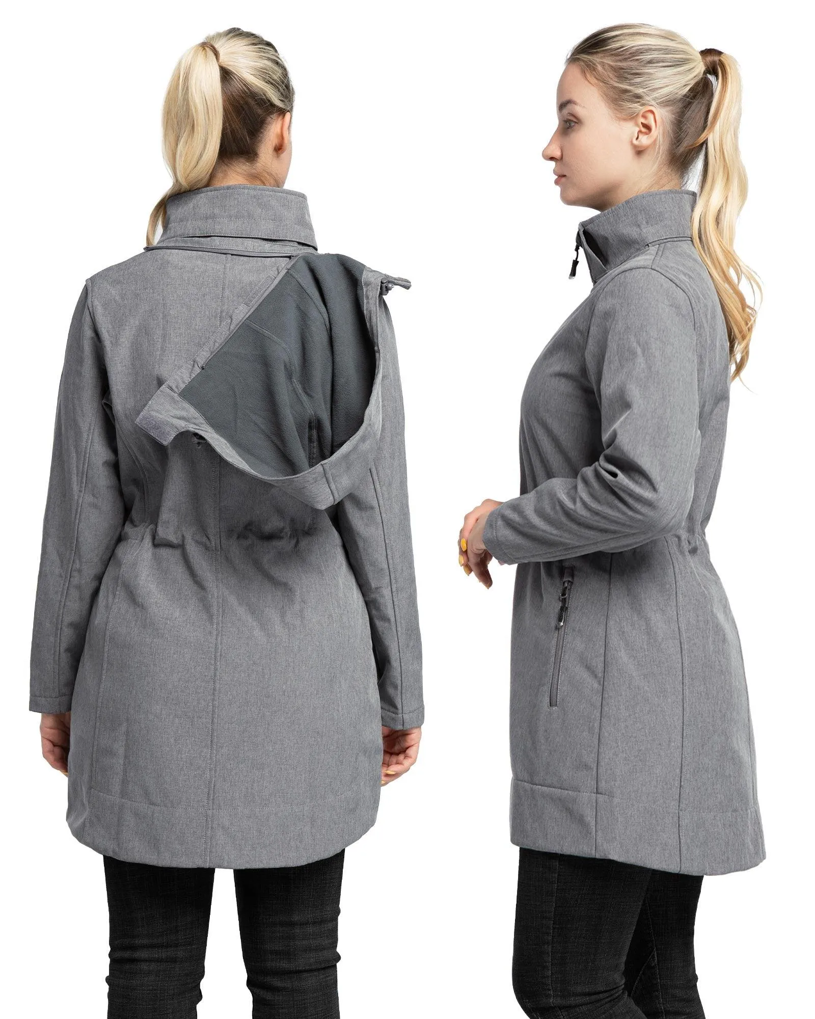 Women's Softshell Long Jacket with Detachable Hood Fleece Lined: 8000mm W/P index 1000 Level Breathable